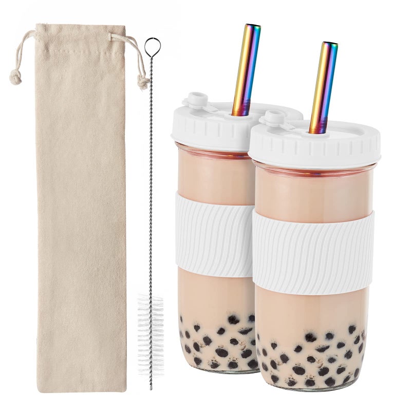 Amyoole 2 Pack Reusable Boba Cup,24Oz Wide Mouth Smoothie Cup,mason Jar Glass Cups with Lids and Straws,Bubble/Boba Tea Cups,Ice Coffee Tumbler 2 colored straws 1 sponge brush(White) - Image 1